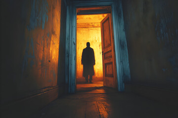 Haunting Presence in the Doorway, a chilling silhouette looms in the entryway of an eerie, abandoned house, evoking a sense of dread and mystery in the dimly lit surroundings.