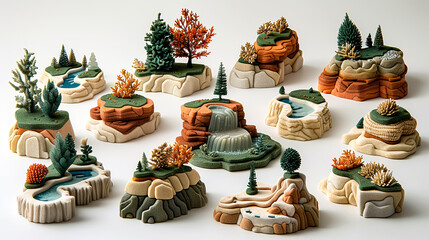 Naklejka premium Set of miniature decorative elements of a park landscape with trees, rocks, stones, lake and waterfall isolated on a white background