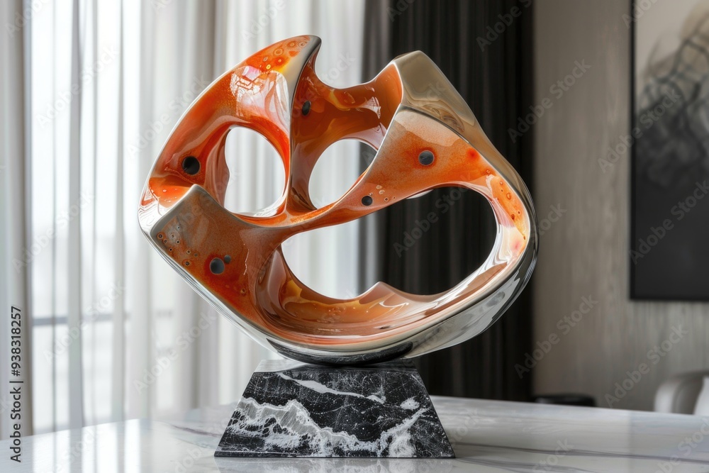 Poster a sculpture sitting on top of a marble table with intricate designs and patterns