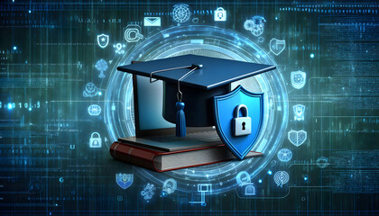 2D vector as Cyber security training icon with a graduation cap and shield concept as Vector illustration of a cyber security training icon with a graduation cap and shield highlighting the importance