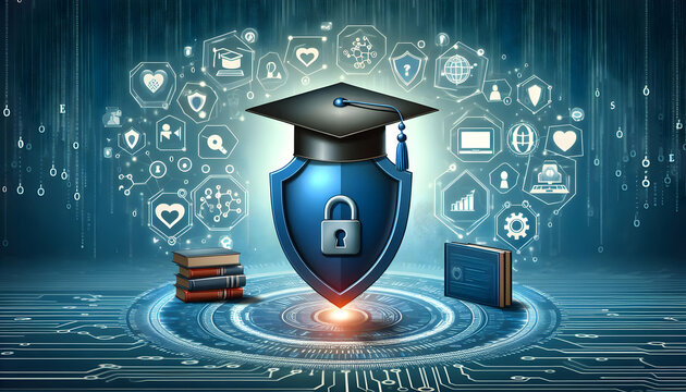 2D vector as Cyber security training icon with a graduation cap and shield concept as Vector illustration of a cyber security training icon with a graduation cap and shield highlighting the importance