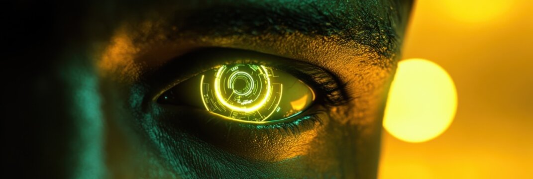 Close-up of an eye with glowing yellow and green cybernetic lights, in the style of science fiction, cinematic, photographic style. - Powered by Adobe