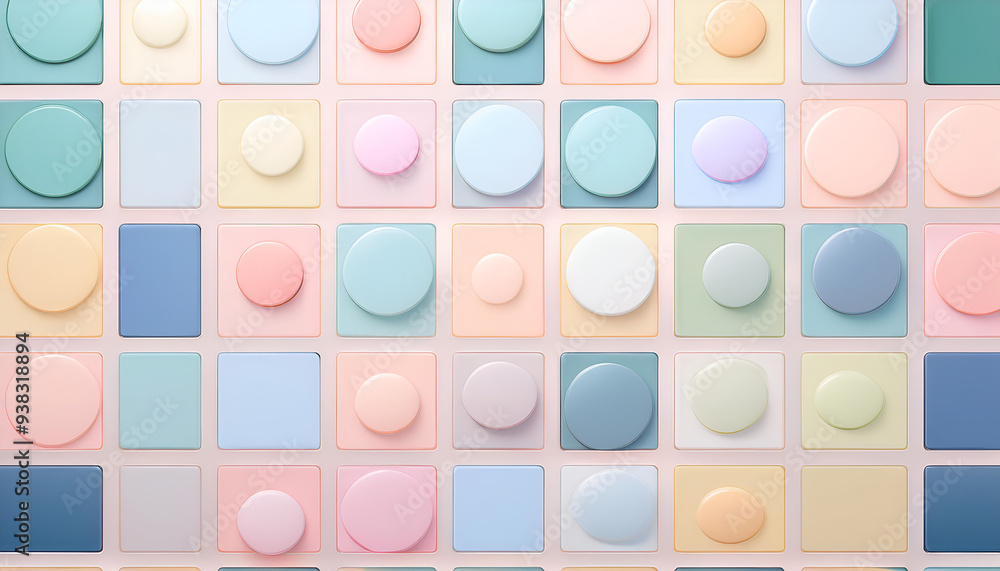 Poster colorful geometric patterns displayed on a wall with various circular and square shapes in soft past