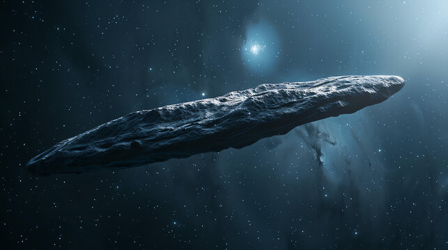 A dark, elongated object, like a spaceship, floats amidst stars and nebulae in space.