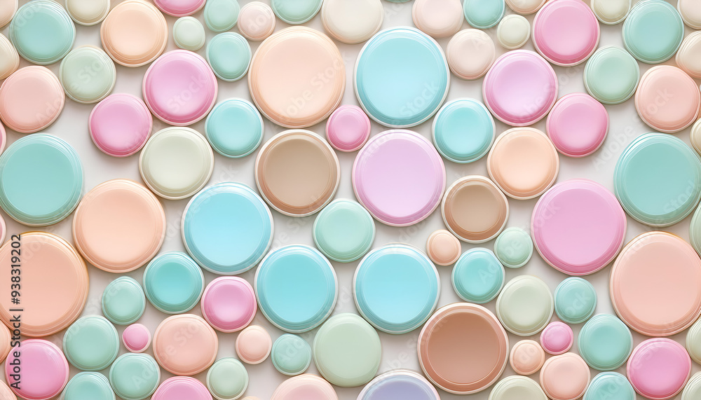 Poster colorful circular patterns create a vibrant abstract design on a textured surface, showcasing pastel