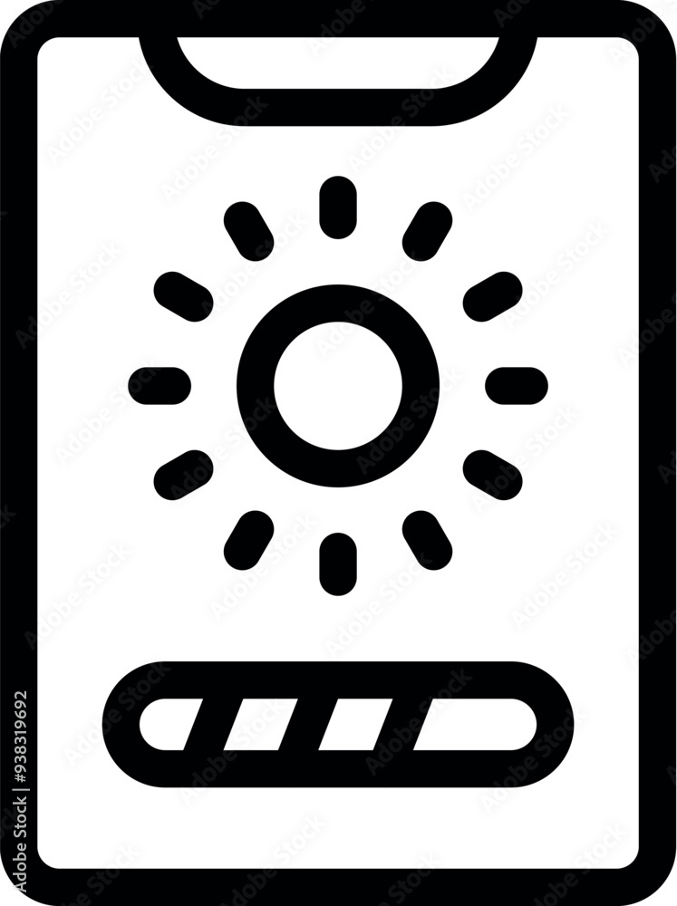 Poster simple, bold line icon of a smartphone displaying a sun icon and a loading bar, perfect for represen