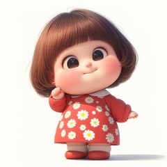 Adorable 3D cartoon girl with big eyes and a sweet smile in a red dress with white flowers.