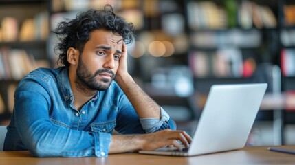 Mature man with puzzled look sitting at stylish desk with laptop.