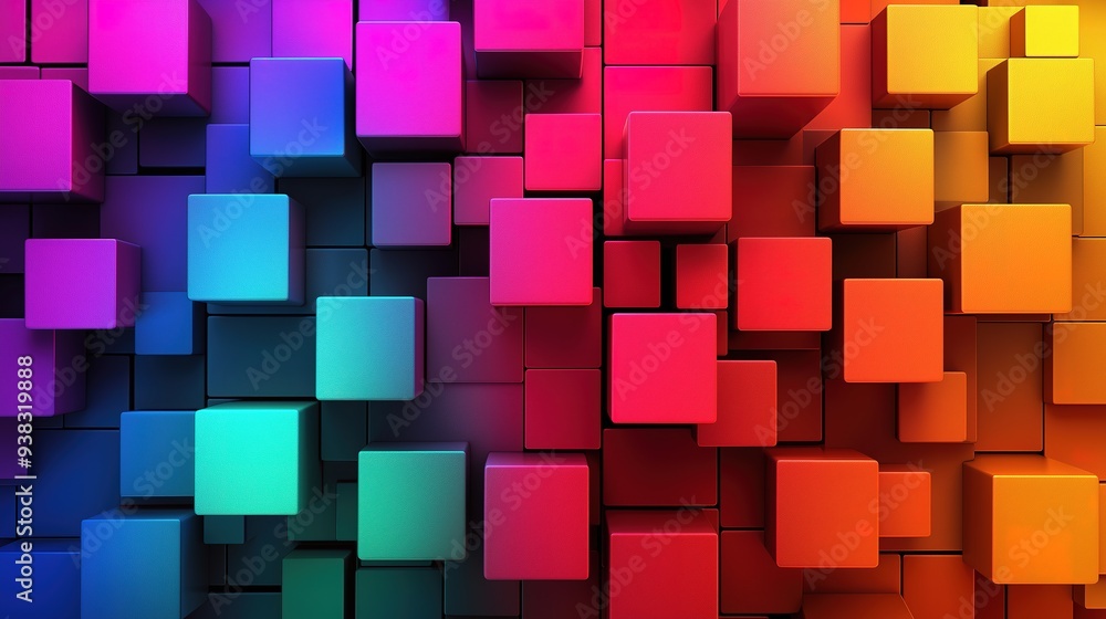 Poster vibrant 3d cubes in rainbow colors dynamic abstract background, showcasing a spectrum from cool purp