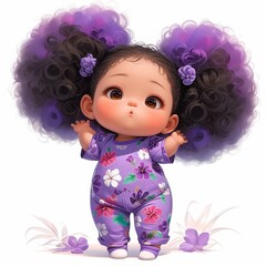 Fototapeta premium Adorable 3D illustration of a cute baby girl character with large purple afro puffs and a floral onesie isolated on a white background.