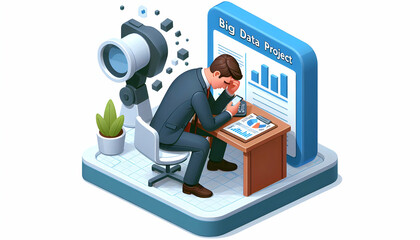 3d Flat icon as Senior manager looking at a cybersecurity breach report appearing devastated concept as A senior manager in a suit looking at a cybersecurity breach report on his desk appearing devast