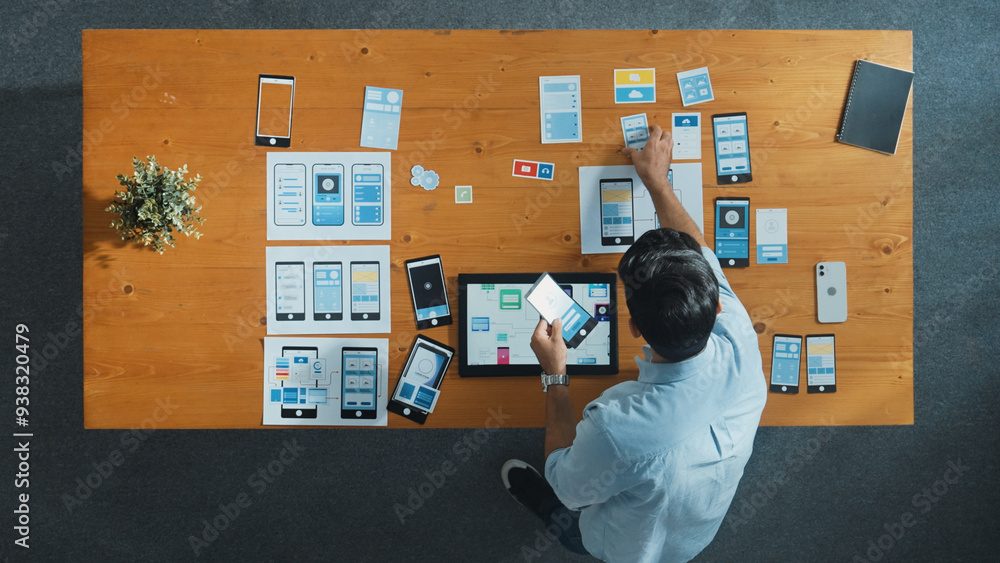 Poster top view of skilled developer walking and placing ux ui software. smart business man put tablet on m