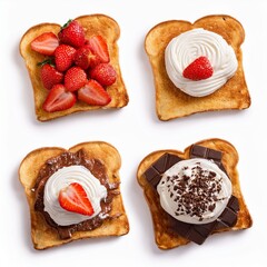 Set of Pancake with whipping cream, strawberry, and Choco chip topping on Toast bread on a white plate, top view isolated on white background