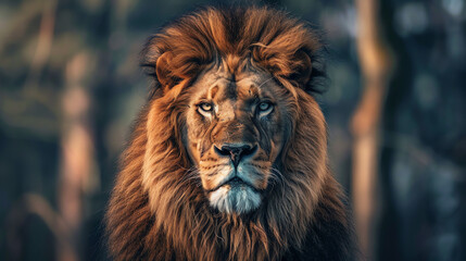 Fototapeta premium A large lion, with a thick mane, looking directly at the viewer