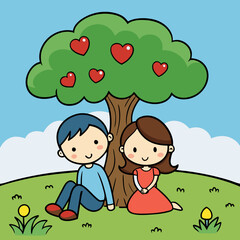 Couple Embraced Beneath a Tree art vector illustration