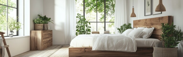 Cozy modern bedroom with wooden furniture and natural light in spring