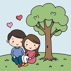 Couple Embraced Beneath a Tree art vector illustration