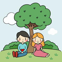 Couple Embraced Beneath a Tree art vector illustration