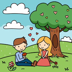 Couple Embraced Beneath a Tree art vector illustration