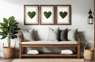 Wooden rustic bench with pillows against wall with two poster frames. Country farmhouse interior design of modern home entryway