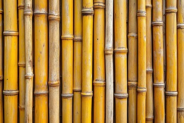 Fototapeta premium Bamboo wall texture close-up with vibrant yellow bamboo stalks