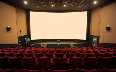 Fototapeta premium A photo of an empty cinema with a white blank screen. The cinema has red seats and a few seats are turned around