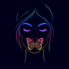 Woman face and butterfly on her lips. Fashion illustration.