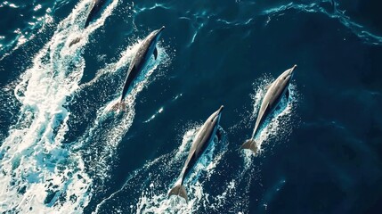 Obraz premium Aerial view of a pod of dolphins leaping through ocean waves, their sleek bodies creating splashes and ripples in the deep blue water.