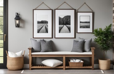 Wooden rustic bench with pillows against wall with two poster frames. Country farmhouse interior design of modern home entryway