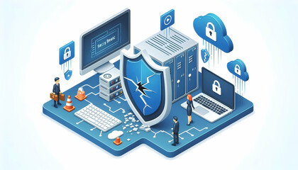 3d Flat vector as Security breach icon with a broken shield concept as Vector illustration of a security breach icon with a broken shield representing a systems vulnerability to cyber attacks and the 