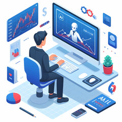 3d Flat vector as Stock trader using AI for predictive stock trading concept as A vector illustration of a stock trader using AI technology on a computer for predictive stock trading highlighting adva