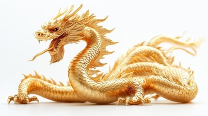 Obraz premium majestic golden chinese dragon coiled gracefully intricate scales and whiskers shine against white background symbol of power and prosperity