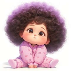 Fototapeta premium Cute 3D illustration of a baby girl with large curly purple afro hair wearing pink pajamas sitting against a white background.