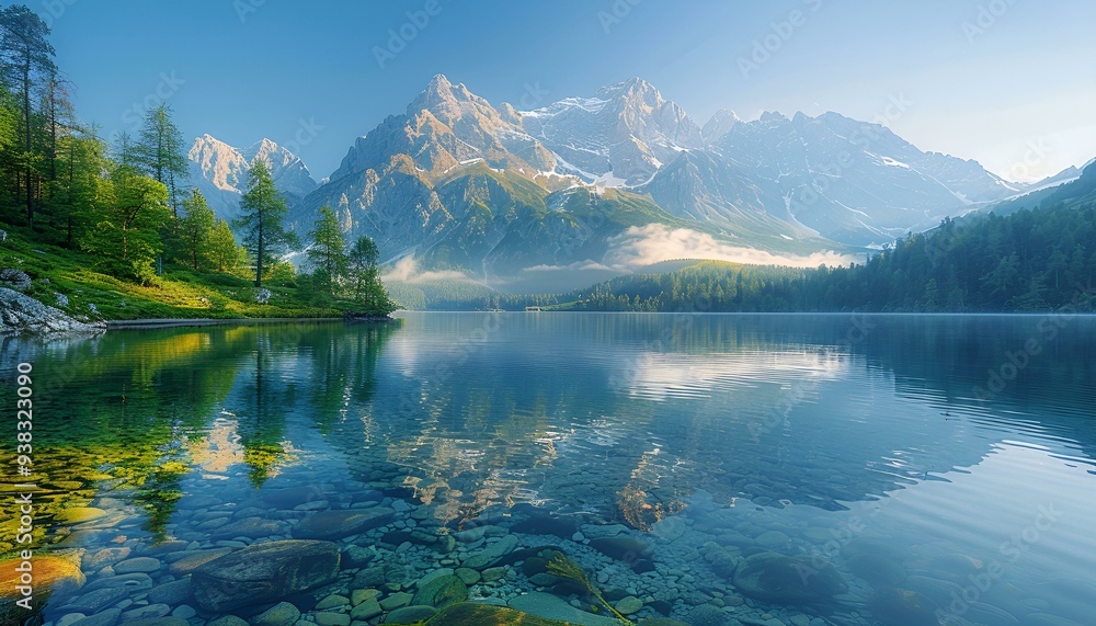 Poster a lake with trees and mountains in the background.