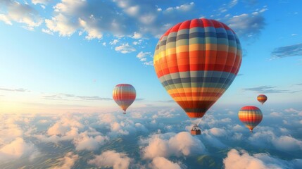 Naklejka premium Four hot air balloons are flying in the sky against a background of blue sky and white clouds. The balloons are colorful and attractive, with red, orange, yellow and blue stripes.