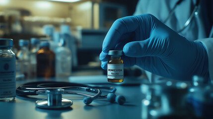 doctor holding Monkey pox Vaccine in medical lab, Mpox allergy, Mpox infection awareness