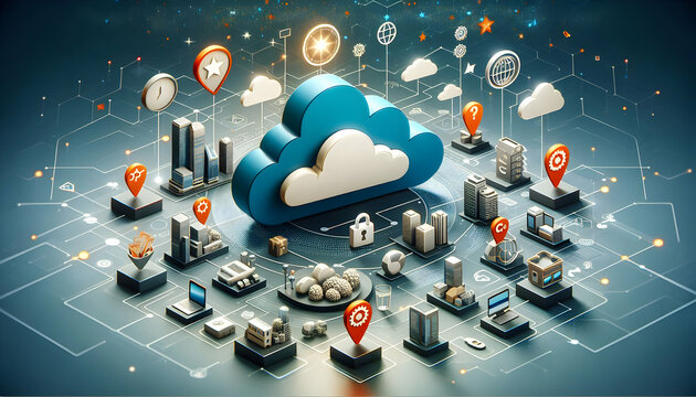 Photo realistic as Cloud computing deployment models with public private and hybrid cloud icons concept as Vector icons representing different cloud computing deployment models such as public private 