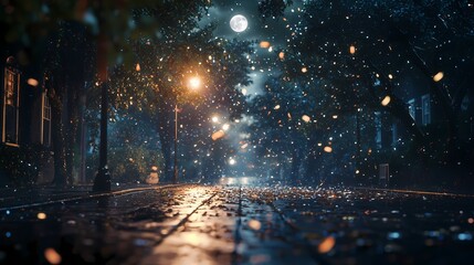 Nighttime Street with Falling Confetti.