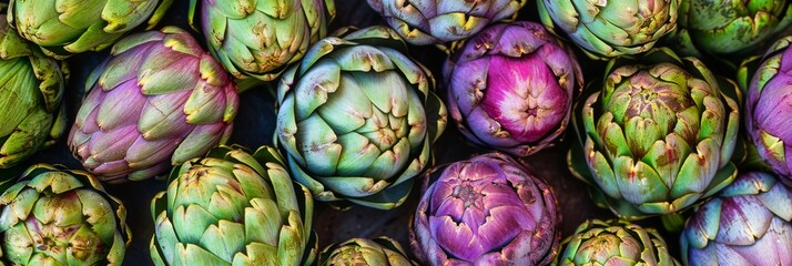 Fototapeta premium Close-up a bunch of ripe, colorful organic artichokes arranged for a top view, highlighting their