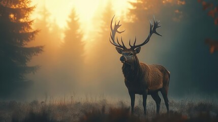 majestic stag with impressive antlers standing proudly in a misty forest clearing early morning light filtering through the trees