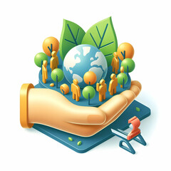 3d Flat icon as Hand holding a cut leaf in a green field concept as A hand gently holding a cut leaf in a lush green field symbolizing environmental responsibility and sustainability in corporate soci