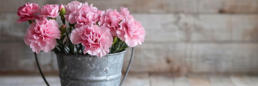 A heartwarming Mother's Day card with pink carnation flowers a bucket, featuring ample empty space