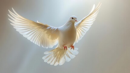 Obraz premium majestic white dove in midflight against a pure white background graceful wingspan and detailed feather texture captured in highkey lighting symbolizing peace and freedom