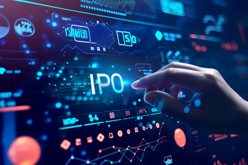 Interactive Touchscreen Tech: Smart Home, Cybersecurity, and Digital Interfaces in Modern Business. Person Pushing 'IPO' on a Touchscreen Interface. HD Landscape Wallpaper for Desktop PC