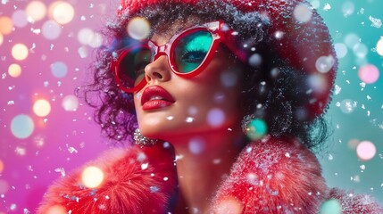 Winter Glamour Woman in Red Coat and Sunglasses with Snowfall. Christmas New Year Sale Banner. Shopping. 