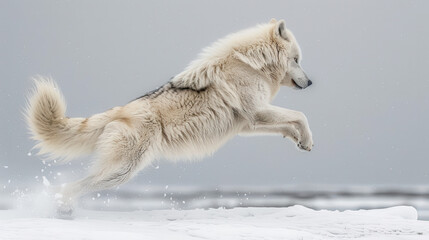 An arctic wolf leaping across snowy terrain, its powerful muscles visible through its thick coat, snowflakes scatter in the air as the wolf moves