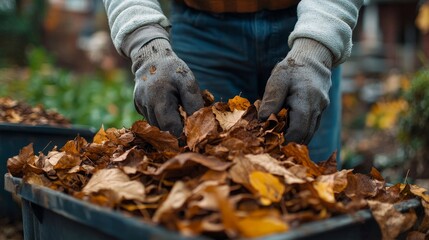 Person Raking Colorful Fallen Leaves in a Sunny Backyard