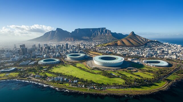 Overall aerial view of Cape Town, South Africa from helicopter wigth a view on Table Mountain and stadium