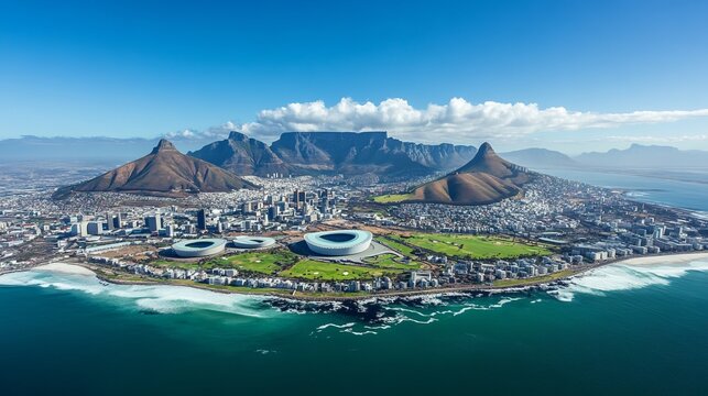 Overall aerial view of Cape Town, South Africa from helicopter wigth a view on Table Mountain and stadium