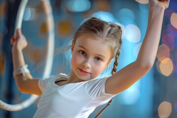 A young girl holds a hoop in mid-air, ready to perform an acrobatic trick